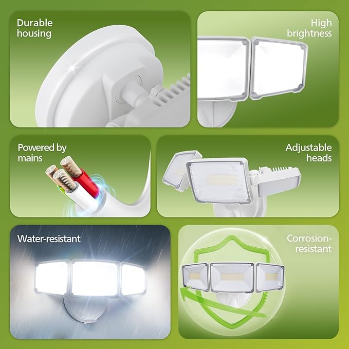 Philips 72W 7400LM LED Flood Lights Outdoor, Switch Controlled Aluminum Security Lights, 3 Adjustable Heads, Wall Mount, 5000K Daylight, Waterproof for Yard, Garage (2 Packs)