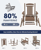 KINGYES HDPE Outdoor Rocking Chair, Widened Seat Patio Rocking Chair, Oversized All Weather Patio Rocker, Brown