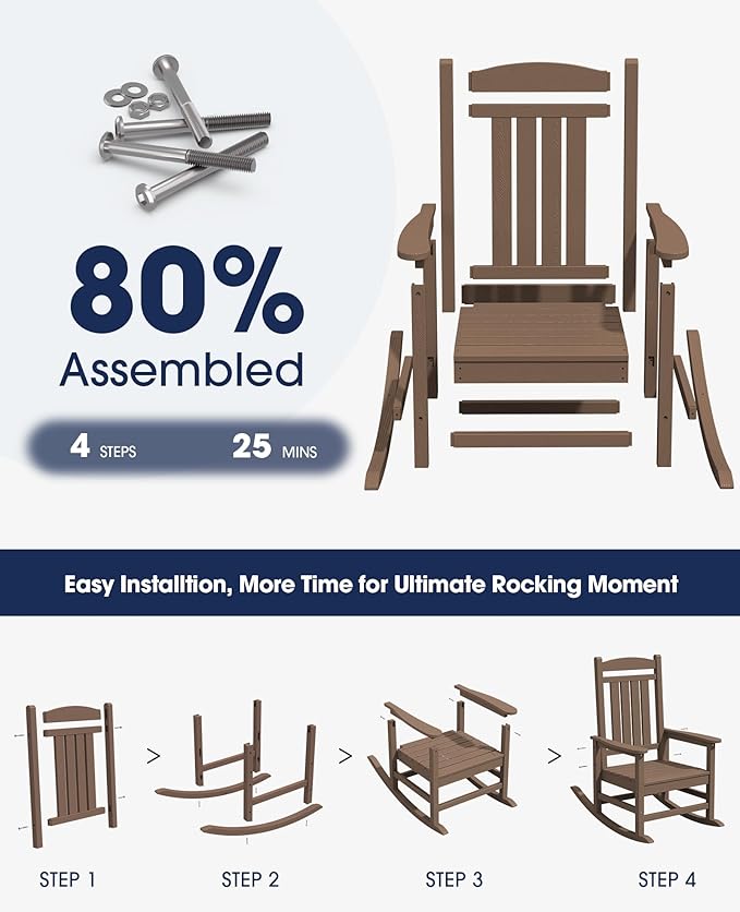 KINGYES HDPE Outdoor Rocking Chair, Widened Seat Patio Rocking Chair, Oversized All Weather Patio Rocker, Brown