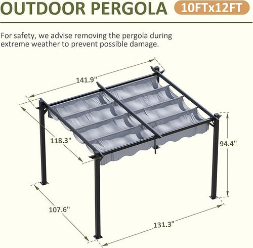 10'x12' Outdoor Pergola with Retractable Canopy, Patio Metal Heavy-Duty Gazebo Shelter for Backyard, Deck, Garden