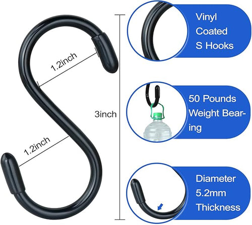 20 Pack Rubber Coated S Hooks for Hanging Plants,Heavy Duty S Hook,Non Slip 3 Inch Closet S Hooks,Steel Metal Black Vinyl Coated Small Hanging Hook for Jeans Pots and Pans Coffee Cups