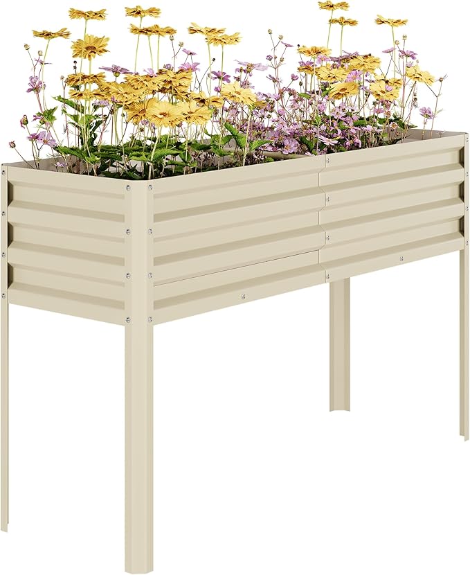 Galvanized Raised Garden Bed with Legs, 50×17×32 in Large Elevated Planter Box for Outdoor Plants, Sturdy Metal Raised Garden Beds for Vegetables, Flowers & Herbs, Backyard, Patio, Beige