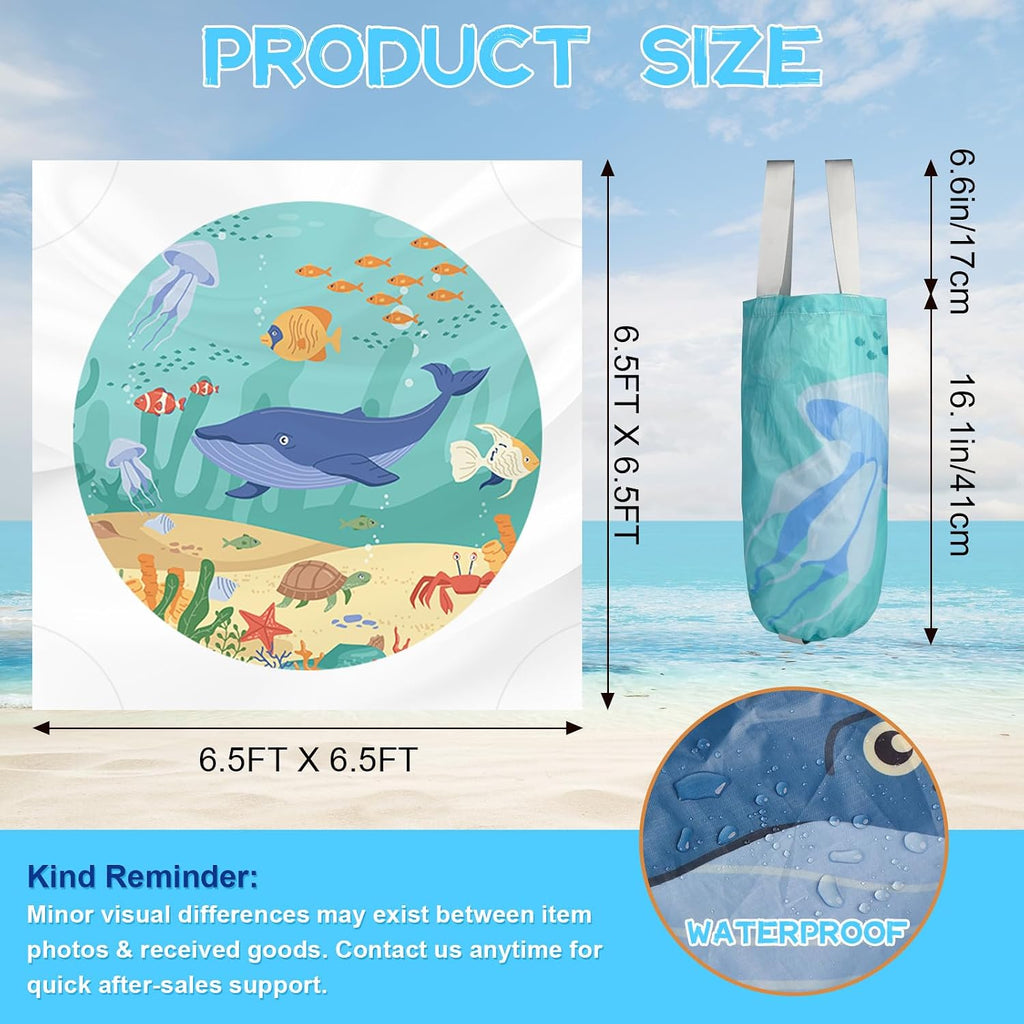 6.5 X 6.5Ft Baby Beach Pool, 2 in 1 Square Portable Toddler Beach Puddle | Cartoon Ocean Theme, Waterproof & Sandproof, Cute Toddler Paddling Pool Beach Blanket with Carrying Bag for Boys Girls, Green