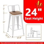 WENTMENT Metal Bar Stools Set of 4 Counter Height Bar Stools Barstools with Removable Back 24" Kitchen Bar Stools with Wooden Seat,Off White