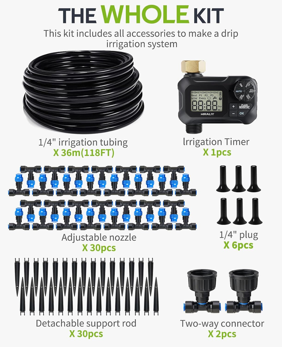 hiraliy 118ft drip irrigation kit with water timer, package contents