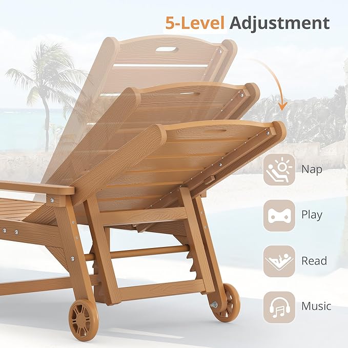 LUE BONA Chaise Lounge Chair with Table, 6-Piece, HDPS Chaise Lounger, 5 Positions Adjustable Lounge Chairs, Pool Lounge Chair with Wheels for Poolside, Backyard, Teak Color