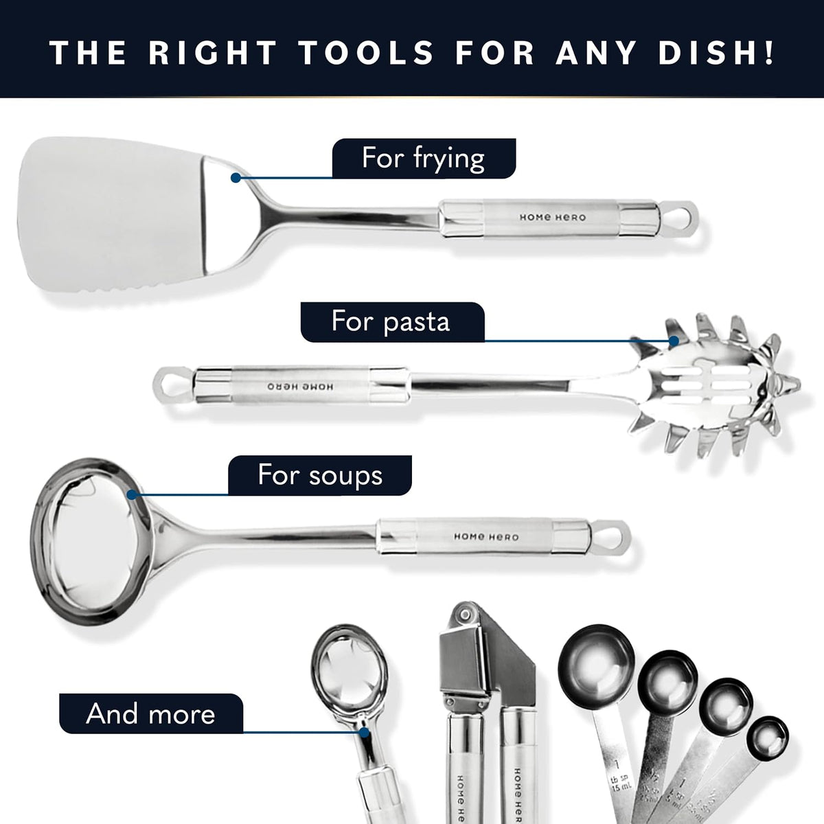 home hero 54-piece stainless steel kitchen utensils set, side view