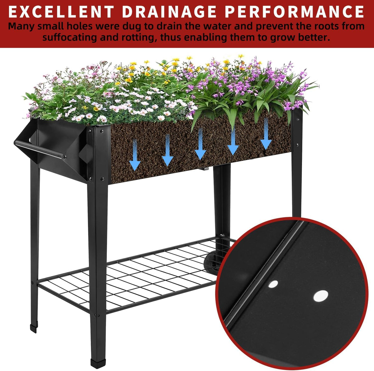 32" rolling raised garden bed with wheels, metal showing dimensions