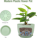 12 inch Big Plant Pots, Plastic Planters with Drainage Holes and Trays, Flower Pots for Indoor Outdoor Plants, Modern Decorative Pots for Garden House Plants, Green