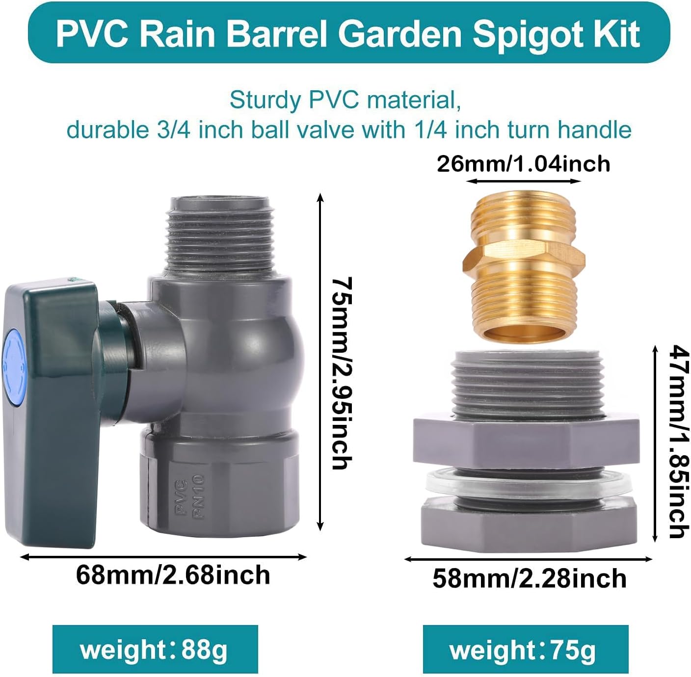 BILAL 2 Set 3/4 Inch Rain Barrel Spigot Kit with Bulkhead Fitting, 2 Set | Water Barrel PVC Garden Diverter Kit Hose Faucet Adapter for Water Tanks, Aquariums, Tubs, Pool, Garden Barrel