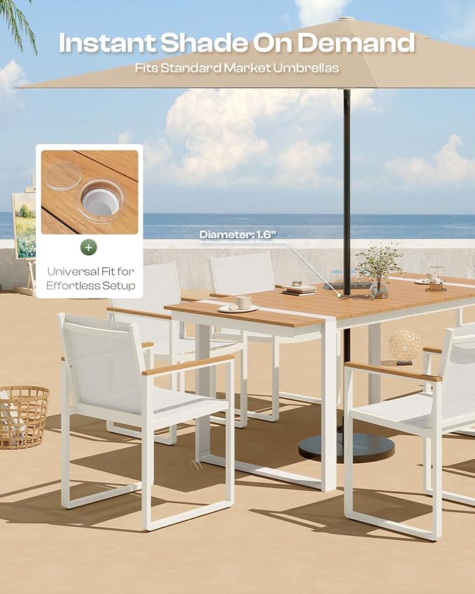 Outdoor Table and Chairs of 4, Patio Dining Sets, HDPS + Aluminum Outdoor Furniture Set with Umbrella Hole, Patio Dining Table Set (White-Teak)