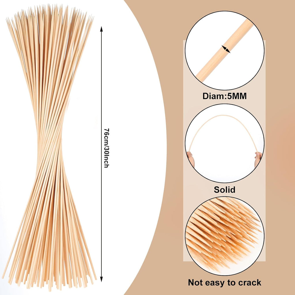 150 Pack Bamboo Marshmallow Roasting Sticks, 30 Inch, 5mm Thick | Semi-Pointed Tips, Extra-Long Reach for Fire Pits, Campfires, BBQ, S’mores, Hot dogs, Kebabs