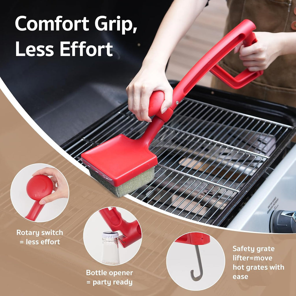 GASPRO Grill Brush Bristle Free for Outdoor Grill, BBQ Grill Cleaning Brush with Replaceable Scrub Sponge Head & Scraper, Ergonomic Handle, Safe for Stainless Steel, Cast Iron & Porcelain Grate