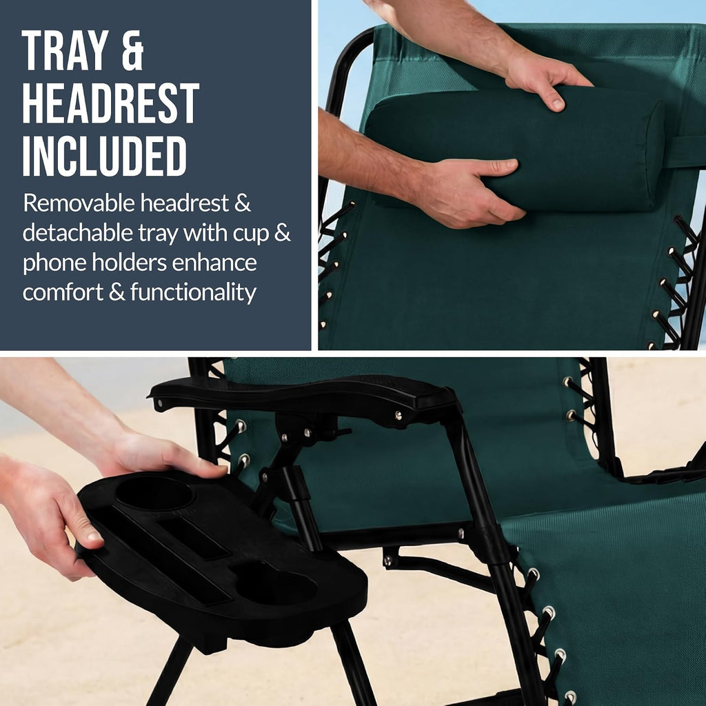 Best Choice Products Set of 2 Extra Wide Adjustable Steel Mesh Zero Gravity Lounge Chair Recliners w/Pillows and Cup Holder Trays - Forest Green