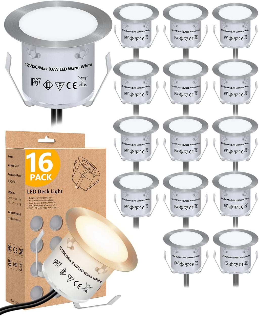 HIBOITEC Recessed LED Deck Light Kits(16Pack), 12V Low Voltage Landscape Lighting IP67 Waterproof Outdoor Step Stair Lights Warm White Deck Lighting for Garden Yard Steps Stair Patio Floor Decoration | 12V Low Voltage Landscape Lighting, IP67 Waterproof