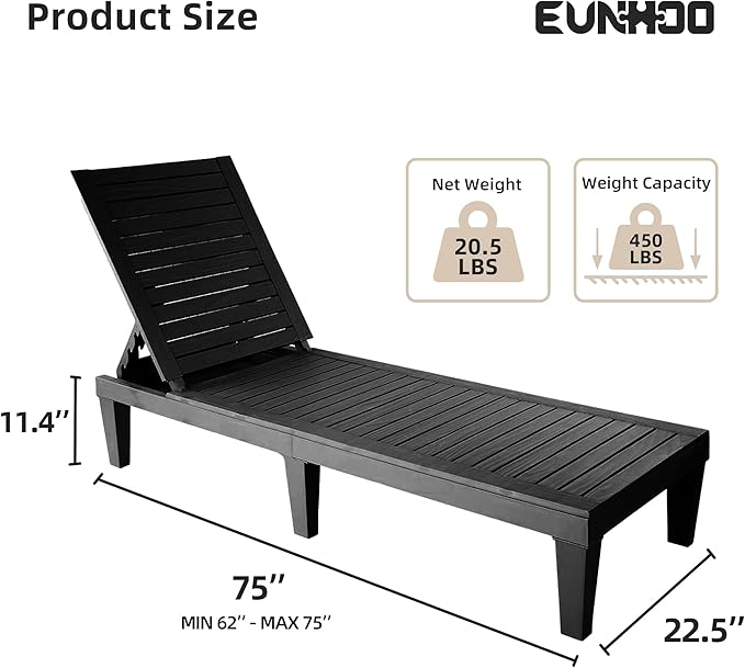 Chaise Lounge Outdoor,Adjustable Pool Lounge Chair with 5 Positions Backrest, Waterproof Sun Loungers for Garden Pool Beach Patio Deck Sunbathing.Black