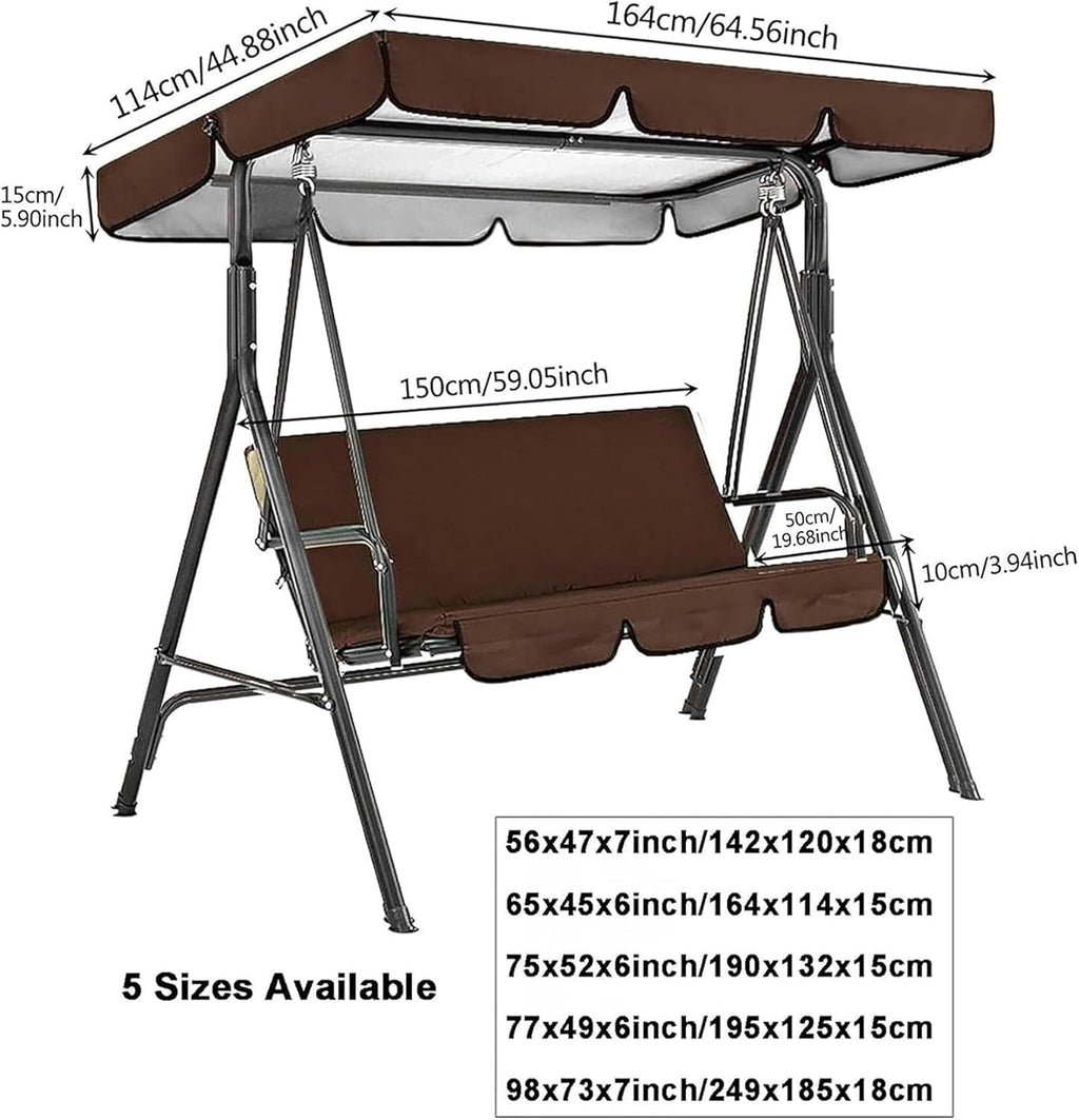 Garden Swing Canopy Replacement ,Windproof Outdoor Swing Chair Top Cover with Seat Cushions, Waterproof 210D Oxford 2-3 Seater Patio Hammock Protection Covers (Size:98x73x7inch/249x185x18cm,Color:Brow