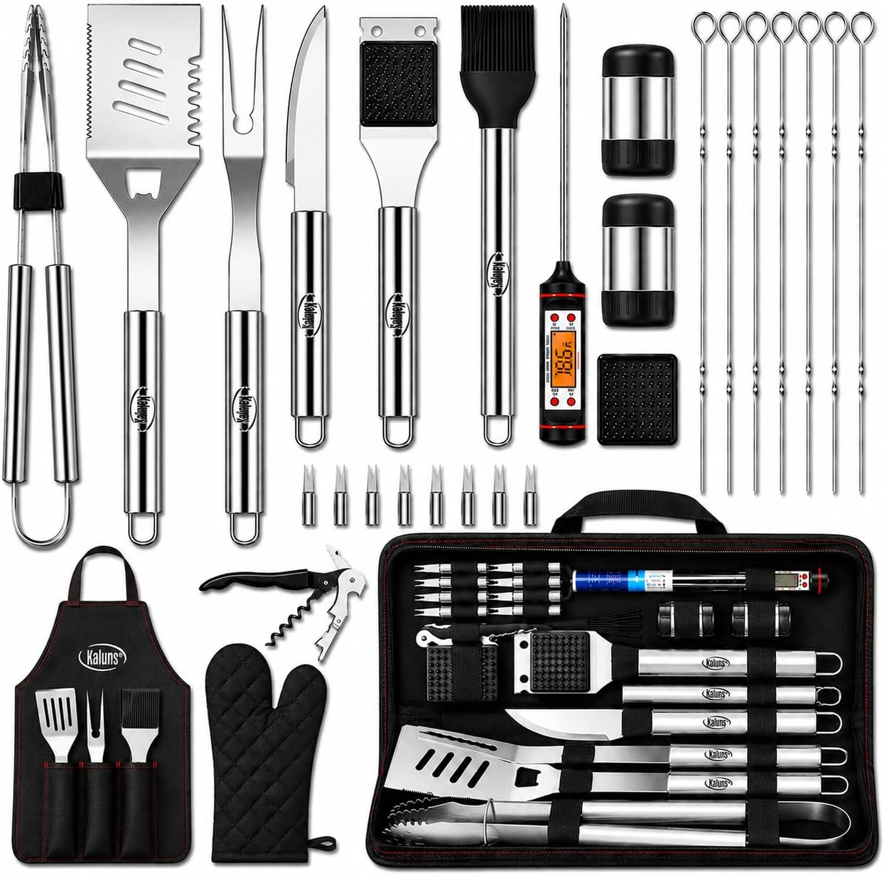 Kaluns Grilling Accessories, Dad Gifts for Christmas, Heavy Duty Stainless Steel Grill Set BBQ Grill Accessories for Outdoor Grill with Meat Thermometer, Case and Apron