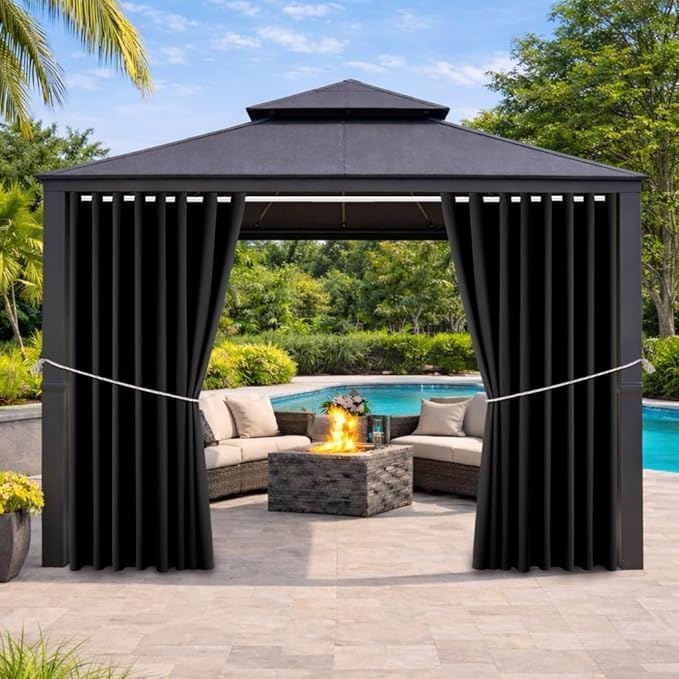 Outdoor Patio Curtain Waterproof Darkening Thermal Insulated Indoor Curtains for Bedroom, Porch, Living Room, Pergola, Cabana, W105 x L120 Extra Wide Room Divider, Black, Set of 2 Panels
