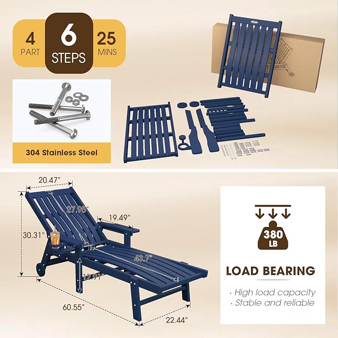 Patio Chaise Lounge Chair Set of 2, Oversized Lounge Chair Outdoor with 5 Positions, HDPE, Patio Lounge Chair with Wheels & Cup Holder for Pool, Deck, Poolside,Navy Blue