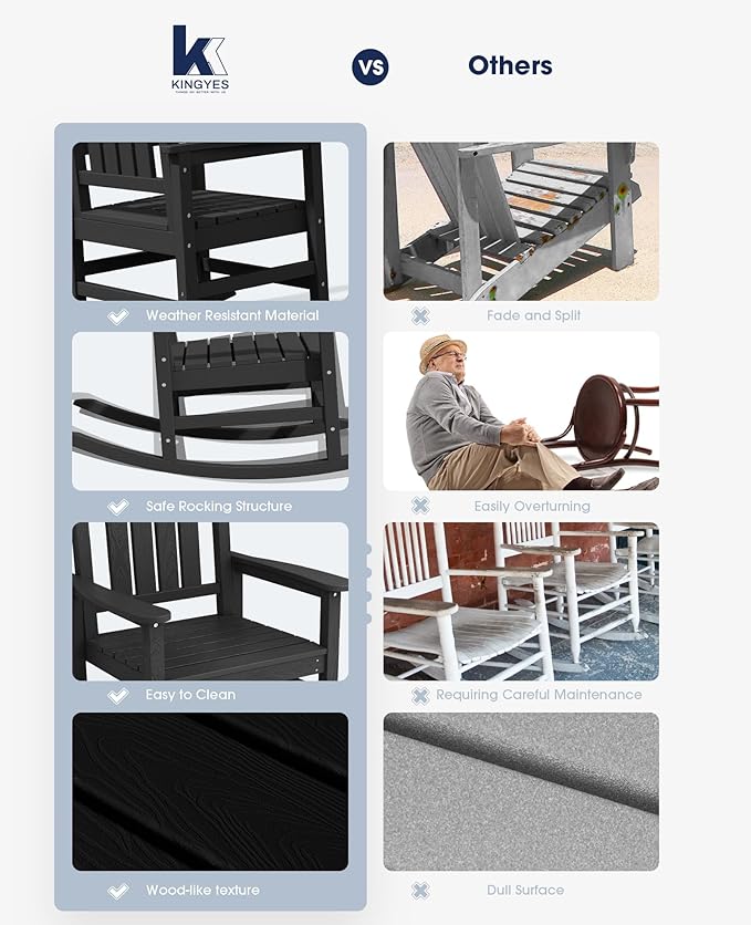 KINGYES HDPE Outdoor Rocking Chair, Widened Seat Patio Rocking Chair, Oversized All Weather Patio Rocker, Black