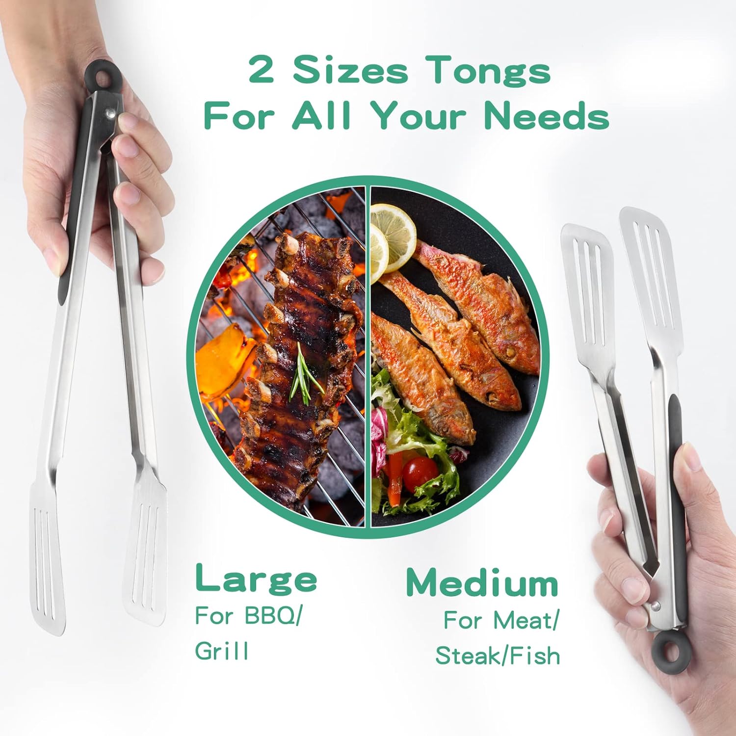 Tongs for Cooking, Set of 2 Metal Spatula Tongs for Grilling, Black | 9 inch & 12 inch, Flat Spatula Head, Comfortable Handle, Strong Grip, Easy Pull Lock, Flipping Utensil