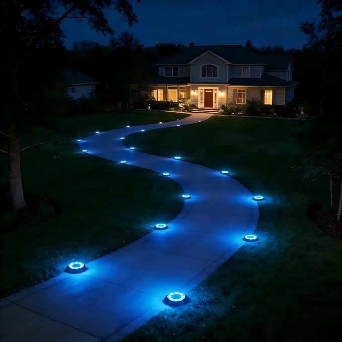 Flacchi Solar Lights Outdoor - Solar Powered Ground Lights Outdoor Solar Disk Light Waterproof Landscape Light for Patio Yard Pathway Walkway Driveway (Blue, 8 Pack)