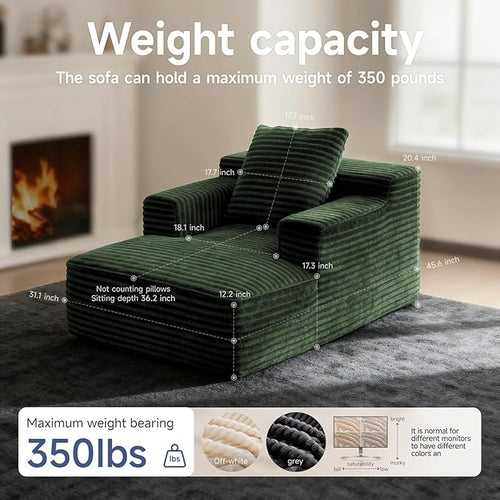 45'' Chaise Lounge Chair Indoor, Corduroy Upholstered Boneless Sofa Bed, Deep Seat Sleeper Couch Reading Chairs, Small Comfy Cloud Sofas Couches for Living Room, Bedroom, Movie Room (Green)