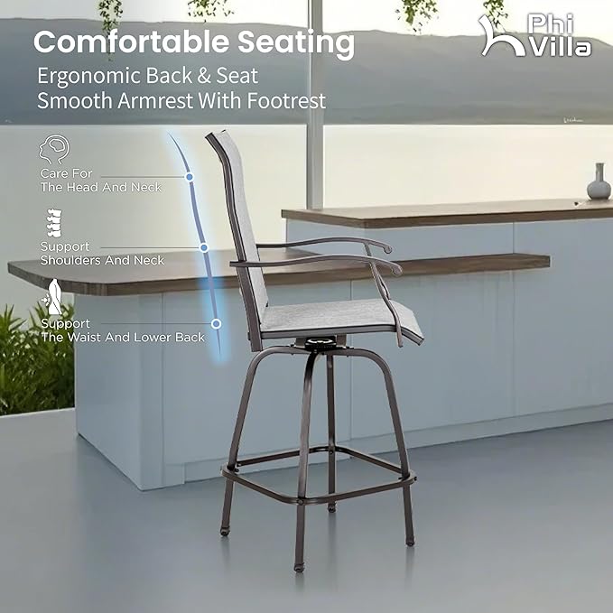 PHI VILLA Outdoor Swivel Patio Bar Stools Set of 6, 30 Inch Bar Height Tall Patio Chairs with Back & Armrest, Durable Textilene Fabric in Grey for Deck Lawn Garden