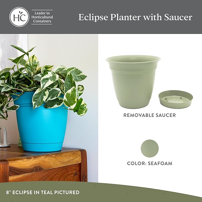 The HC Companies Eclipse Round Planter with Saucer - Outdoor & Indoor Plant Pot with Drainage Holes - Lightweight, UV-Resistant Plastic Pots for Plants, Flowers & Herbs (10" Seafoam, Pack of 1)