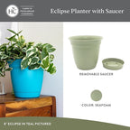 The HC Companies Eclipse Round Planter with Saucer - Outdoor & Indoor Plant Pot with Drainage Holes - Lightweight, UV-Resistant Plastic Pots for Plants, Flowers & Herbs (10" Seafoam, Pack of 1)