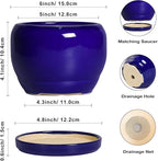 SQOWL Ceramic Planters for Indoor Plants - 6 Inch Plant Pot with Drainage Hole and Saucer, Round Small Planter, Modern Decorative Flower Pot Outdoor, Living Room Decor, Garden Gifts for Women, Blue