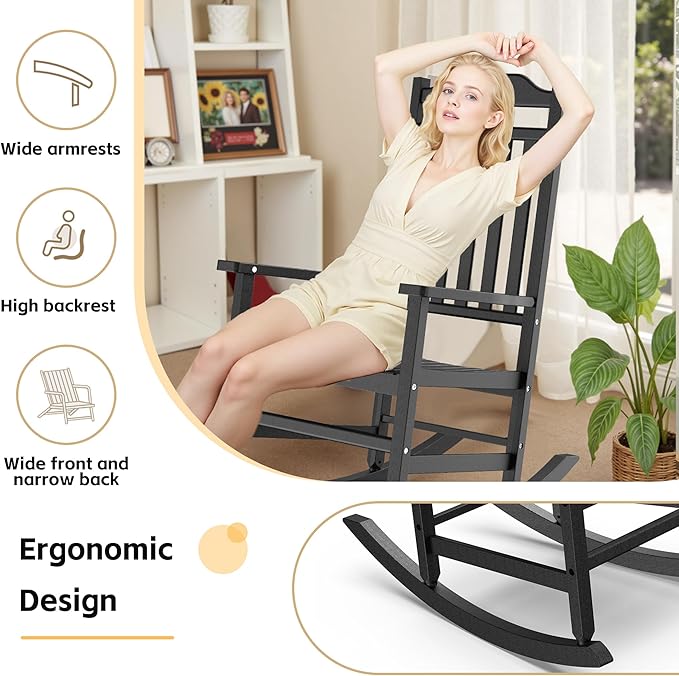 Patio Rocking Chair Outdoor Set of 2,Weather Resistant Poly Resin Oversized Porch Rocker,High Back Smooth Design,350lb Weight Capacity,Indoor Outdoor Use(2, Black)