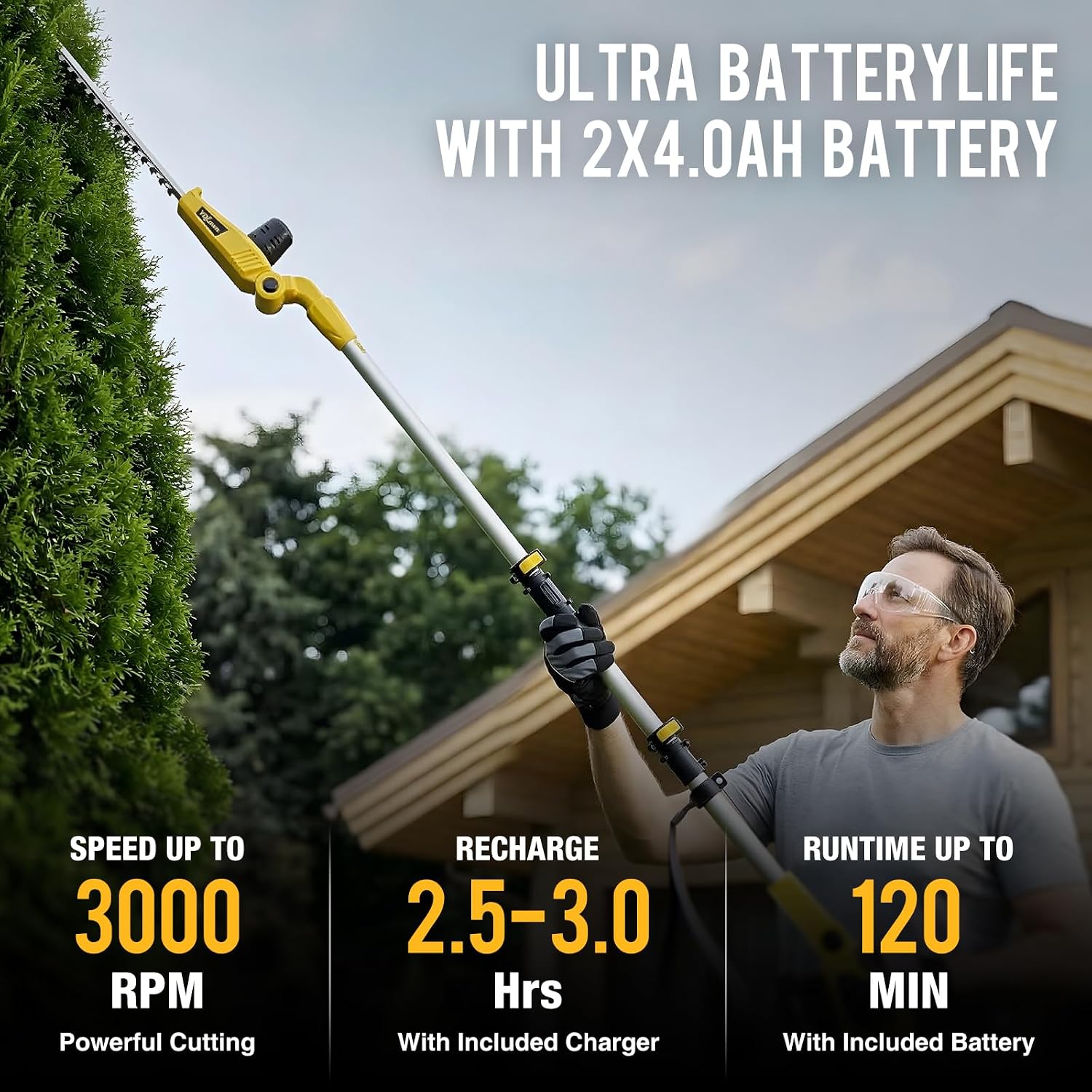 20V Cordless Pole Hedge Trimmer, 15 Ft Reach, 2 x 4.0Ah Batteries | Fast charger included, with 5/8-inch cutting capacity and an extension pole for trimming tall hedges,shrubs,and bushes,Yellow