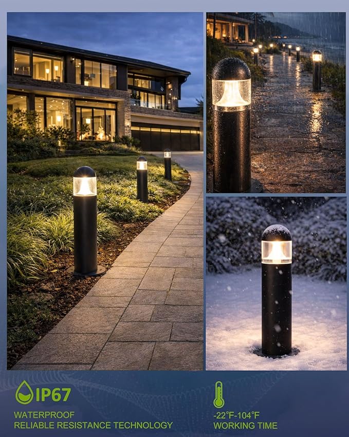 8 Pack Aluminum Low Voltage Landscape Pathway Lights Wired, Outdoor Modern 12V LED Bollard Lights for Driveway Garden Walkway Yard (Included Connectors), 2700K Warm White Waterproof, Black