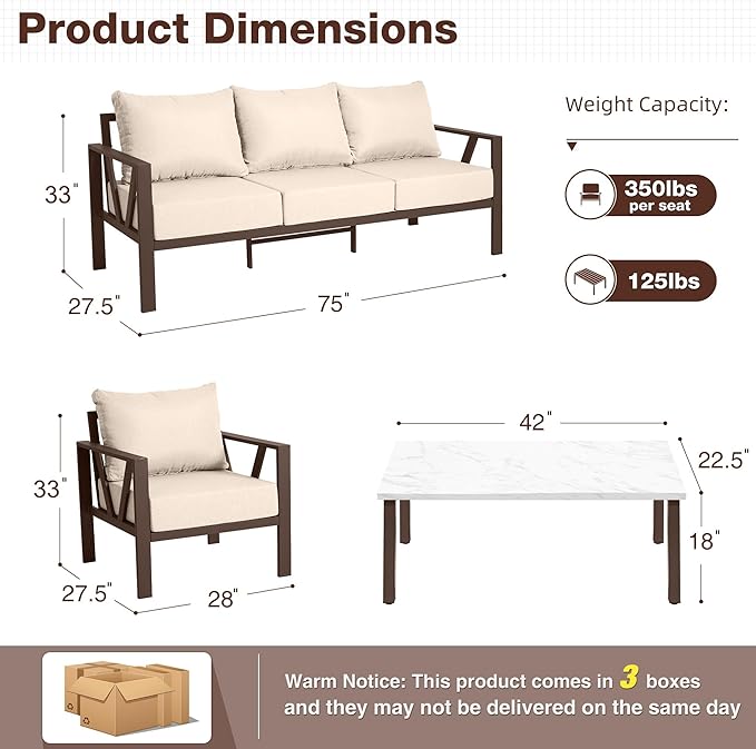 Outdoor Patio Furniture Set, 4 Pieces Metal Patio Furniture Set with Coffee Table, Modern Outdoor Patio Conversation Seating Set with 6” Thick Cushions, Upgrade Beige
