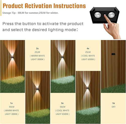 2-Pack Solar Fence Lights, Up & Down Lighting, 50LM/25LM Dual Brightness, 4 Color Modes, IP65 Waterproof, 1200mAh Battery, Screw/Adhesive Mount for Garden Wall Path Deck