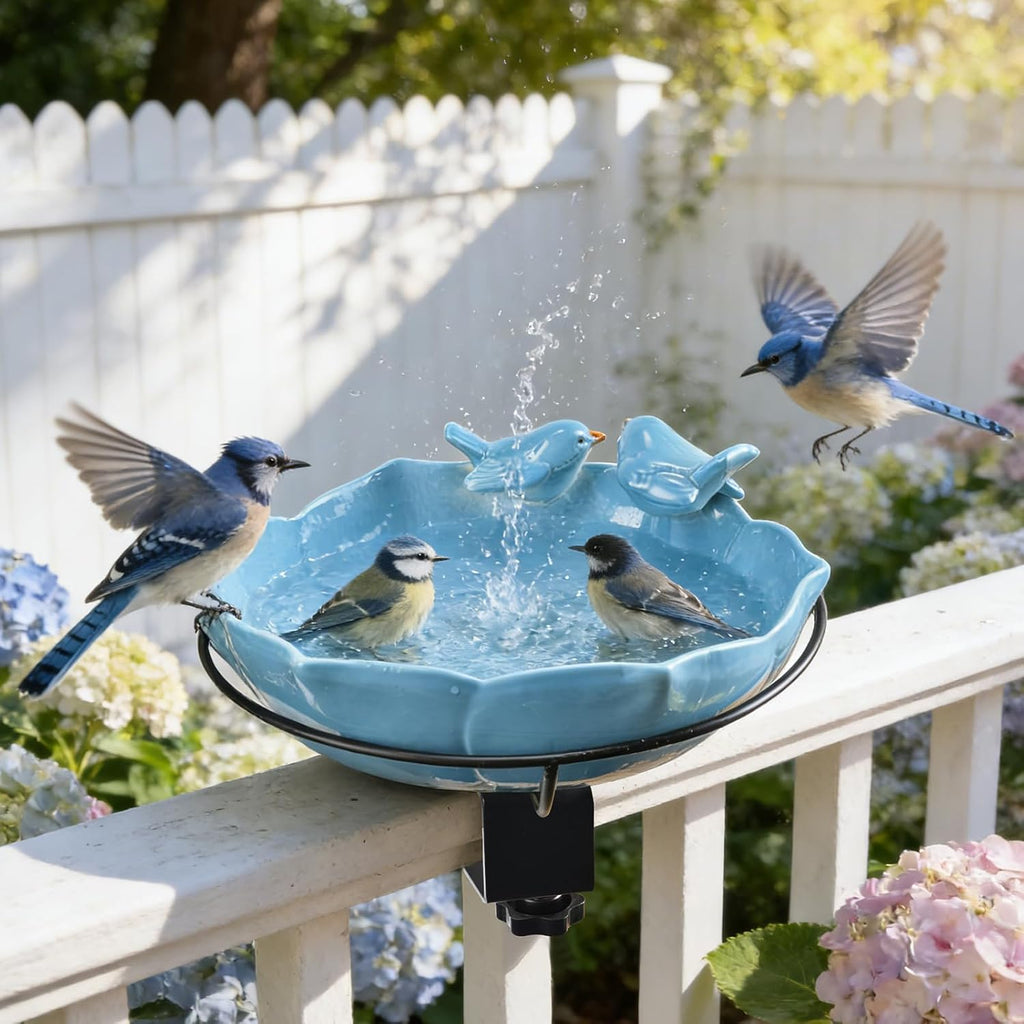 Glazed Ceramic Bird Bath for Deck Railing, 11 Inch Outdoor Deck Mounted Bird Baths Feeder Bowl with Adjustable Clamp, Easy Install Balcony Patio Birdbath for Outside Backyard Decoration, Blue