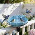 Glazed Ceramic Bird Bath for Deck Railing, 11 Inch Outdoor Deck Mounted Bird Baths Feeder Bowl with Adjustable Clamp, Easy Install Balcony Patio Birdbath for Outside Backyard Decoration, Blue