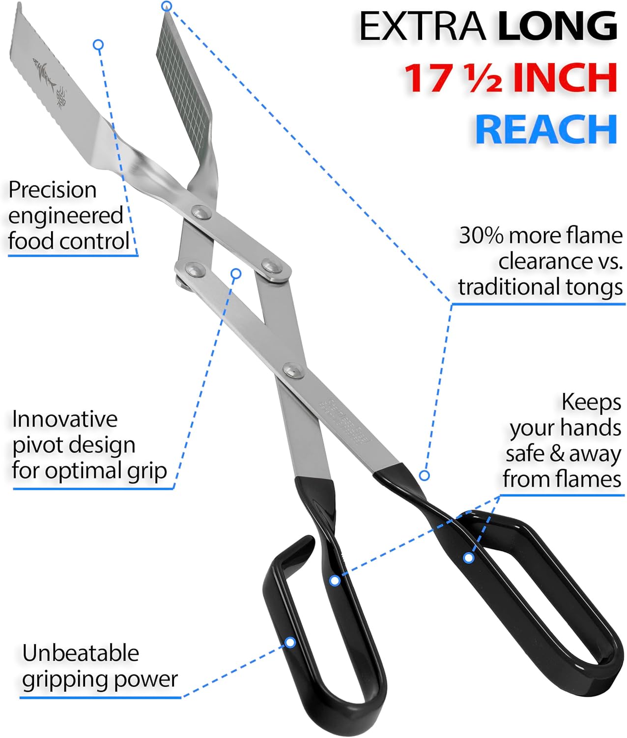 Grill Tongs - 17 inch Black. Professional steak grilling utensil. Long reach Barbeque Grilling Tongs. Ideal for steak, fish, burger, and sausage