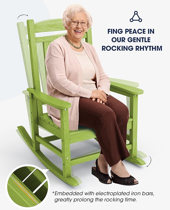 KINGYES HDPE Outdoor Rocking Chair Set of 4, All-Weather Poly Patio Rocking Chairs with 330lbs Support for Adults, Pistachio Green