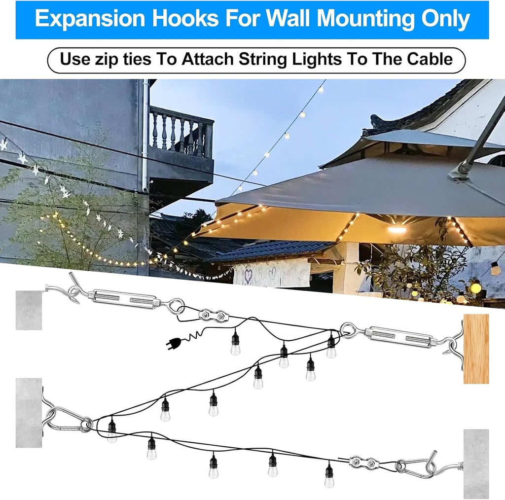 String Light Hanging Kits, 450FT Coated Stainless Steel 304 Wire Rope, Outdoor Black Guy Wire kit w/Expansion Hook, Enough Accessories, Humanized Collocation