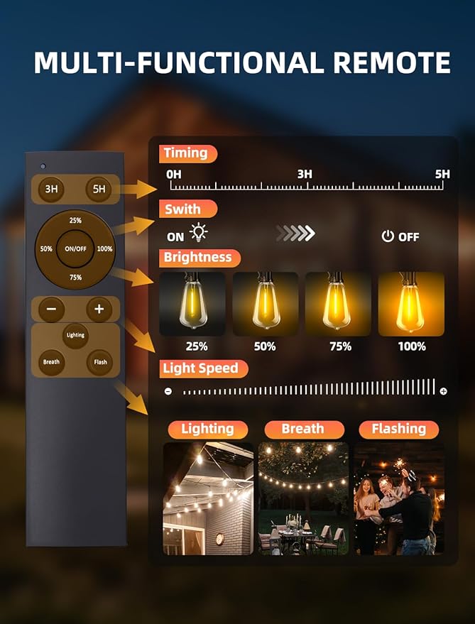 Outdoor Patio String Lights: 150Ft 45M Outside Waterproof Light - Remote Dimmable ST38 Shatterproof Bulb Connectable Hanging Outdoor Electric Lighting - Backyard Yard Gazebo Porch Party