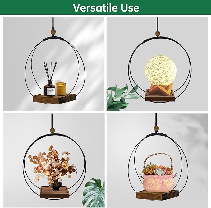 Hanging Planter for Indoor Plants, Black Plant Hanger Indoor with Sturdy Wood Base, Modern Boho Macrame Plant Hanger for 3-5.5 Inch Pot, Hanging Wall Ceiling Window Home Decor (Pots Not Included)