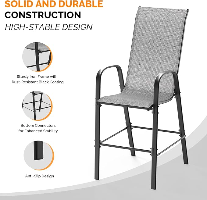 VINGLI Set of 6 Stackable Outdoor Bar Stools – Sling Chairs with High Back & Armrests, for Lawn, Garden, Bar, Grey