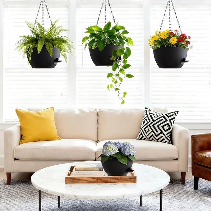 Set of 3-10 Inch Self Watering Hanging Planters for Indoor & Outdoor，Hanging Plant Pots with Drainage & Removable Tray, Hanging Pots Holder for Ivy, Spider Plants, Ferns, Balcony & Patio, Black