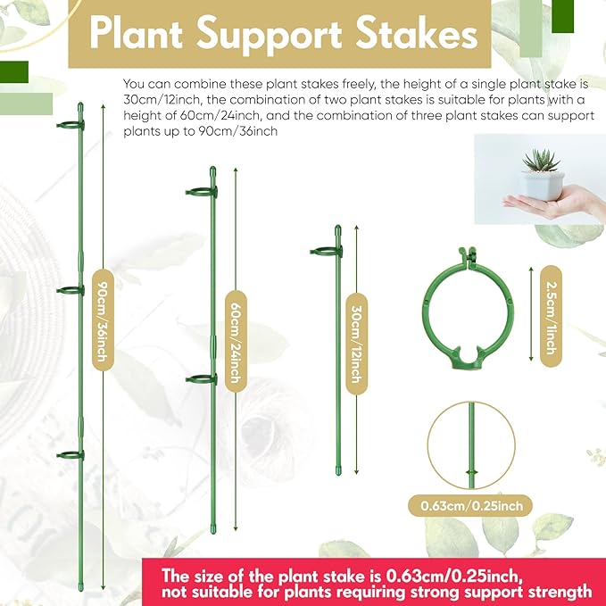 meekoo 120 Pcs Adjustable Garden Plant Support Stakes Single Stem Plant Cage Support Rings with Clips and Connect Pipe for Orchid Rose Tomato, 12 Inch (Green)
