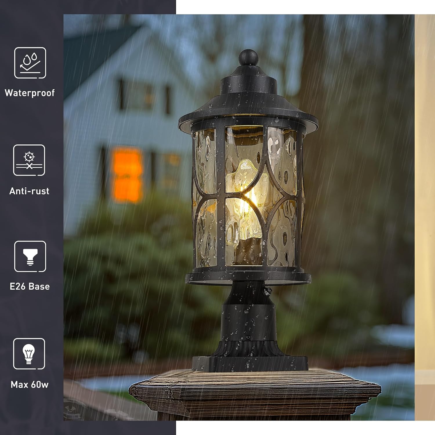 zeyu Pillar Light Outdoor, 16.9 Inch Dusk to Dawn Outdoor Light Fixture Post with Photocell Sensor, Exterior Post Lamp with Water Ripple Glass, ZX48MP PC WG BK