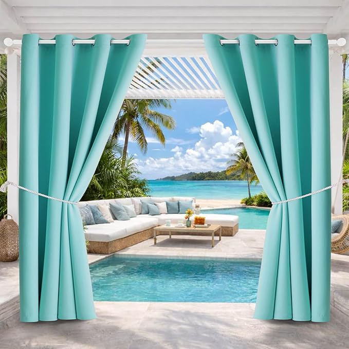 Outdoor Indoor Curtains W52 x L108 for Patio - Weather-resistant Window Panels Privacy Protect Grommet Top Thermal Insulated Home Curtain for Porch Pergola Garden (Teal Blue, 2 Panels)