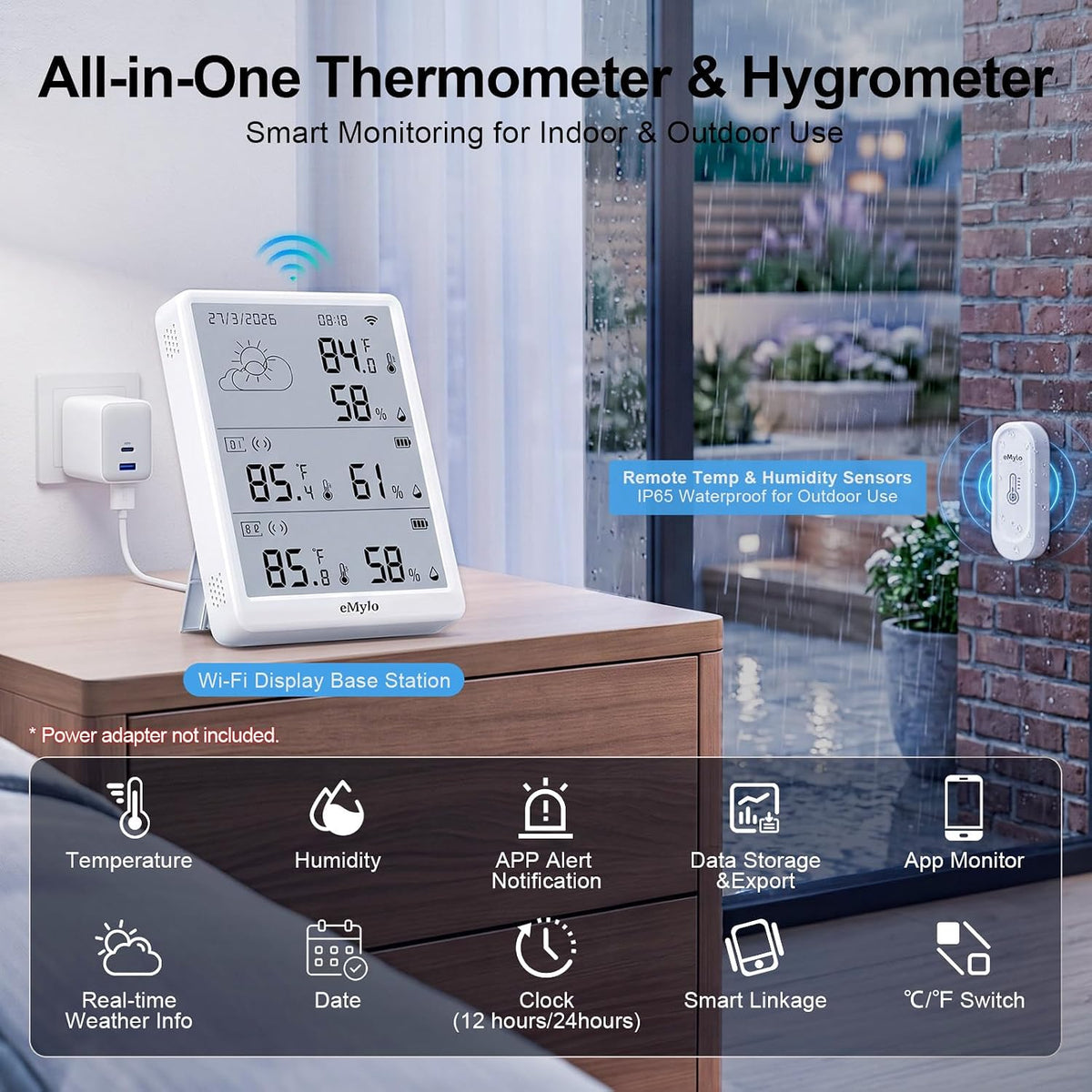 emylo wifi thermometer hygrometer with 2 ip65 remote shown in use